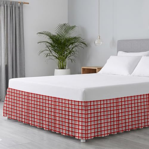 King Size Bed Skirt 16 Inch Drop Adjustable Elastic Dust Ruffle Wrap Around Bedskirt - Red Crimson Ruby & White