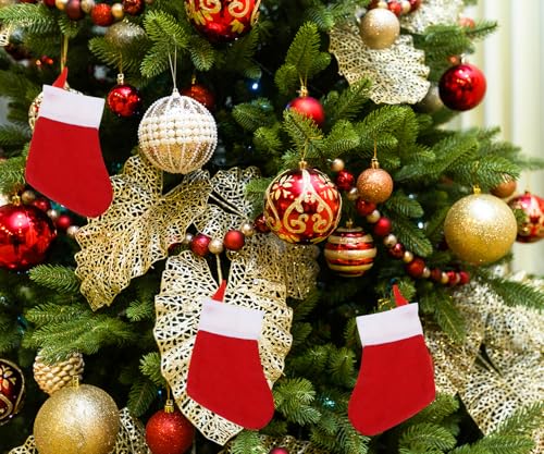 Mini Christmas Stocking Set - Red Snowflake Holiday Silverware Holders 12 Pcs with Variation Classic