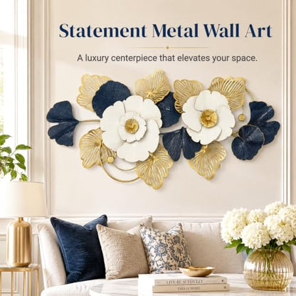 Large 3D Floral Metal Wall Art - White, Navy Blue & Gold Finish - 51x24 Inch