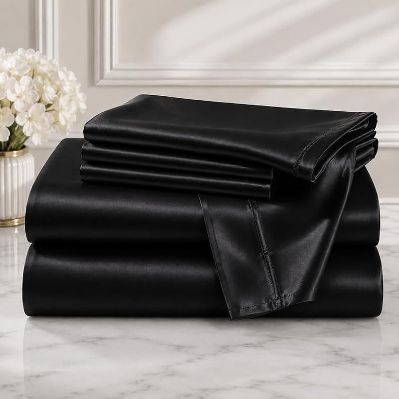 Black Satin Sheet Set 4 Piece Queen Bed Linen with Deep Pocket - Bedify Bedding