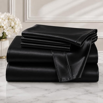 Black Satin Sheet Set 4 Piece Queen Bed Linen with Deep Pocket - Bedify Bedding