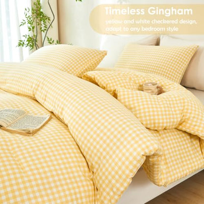 Queen Gingham Comforter Set - Yellow Checkered Bedding for Bedroom Decor