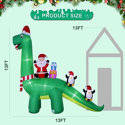 13ft Christmas Inflatable Dinosaur with Santa and LED Lights for Outdoor Decor