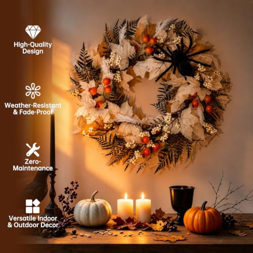 Halloween Front Door Wreath with Spider and Maple Leaves - 22 Inch