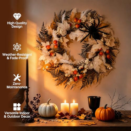 Halloween Front Door Wreath with Spider and Maple Leaves - 22 Inch