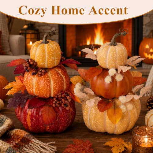 2Pcs Large Stacked Pumpkin Decor Set - Light Yellow & Orange Autumn Topiaries with Maple Leaves for Fall Harvest Halloween Thanksgiving