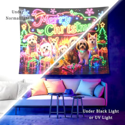 Neon UV Reactive Christmas Puppy Tapestry Wall Hanging - Holiday Decor for Bedroom & Pet Shop