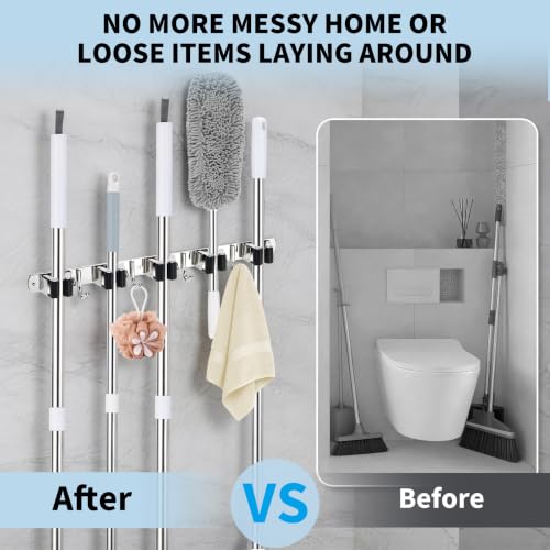 Wall Mount Mop and Broom Holder with 5 Racks & 4 Hooks - Silver