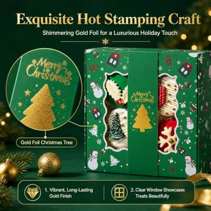 12 Pack Christmas Cookie Boxes with Window & Gold Band - Small 6x6x2.5 Inches, Multi Colors
