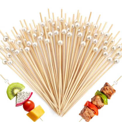 White Pearl Cocktail Picks - 4.7 Inch Bamboo Food Skewers, Elegant Party Toothpicks