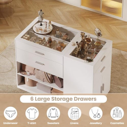 Bedroom Closet Island with 6 Drawers, White Armoire Wardrobe Island
