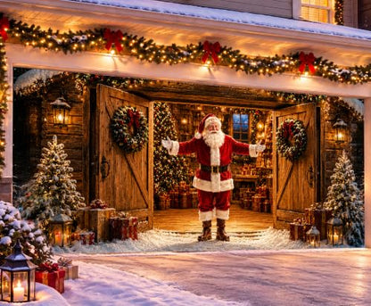 Christmas Garage Door Cover Decorations Santa Welcomes You Home Banner - 16x7 ft, Outdoor Weather-Resistant Fabric, Complete Hanging Kit Included