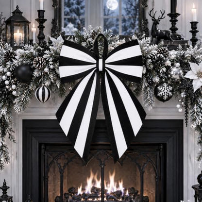 Black and White Striped Christmas Tree Topper Bow - 22 x 12.5 Inch, Satin, Holiday Decor, Variation: Stripe