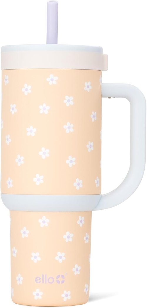 Ello Oasis 24oz Tumbler - Insulated Stainless Steel Cup with Handle & Straw | 100% Leakproof, Keeps Drinks Cold for 24 Hours, Orange Daisies