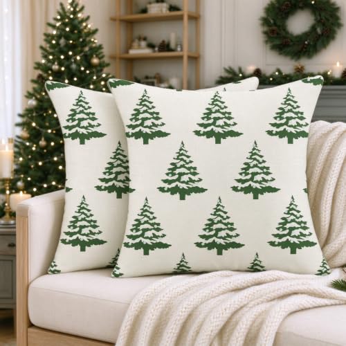 Christmas Green Tree Pillow Covers 18x18 Set of 2 - Winter Holiday Decor