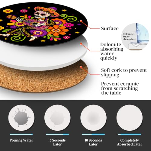 Multicolor Day of the Dead Ceramic Coasters Set of 6 with Holder - Mexican Sugar Skull Decor