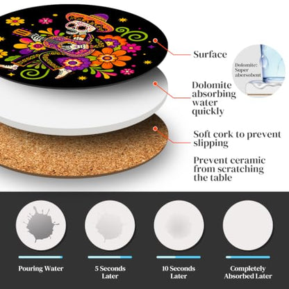 Multicolor Day of the Dead Ceramic Coasters Set of 6 with Holder - Mexican Sugar Skull Decor