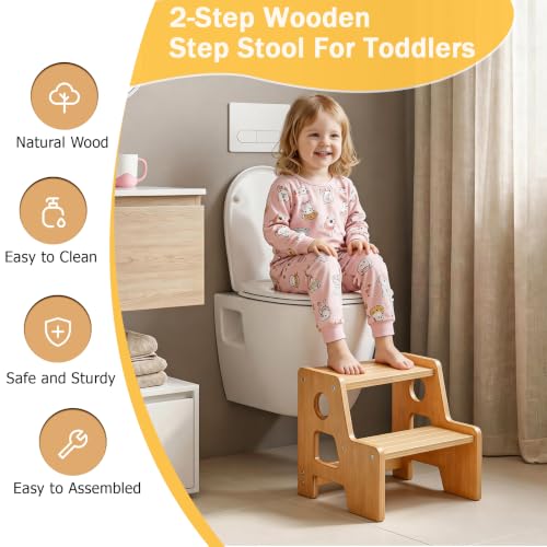 Wooden 2 Step Stool for Kids - Non-Slip Toddler Step Ladder with Handle - Oak1 Variation