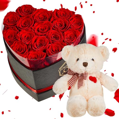 Preserved Roses Gift Set with Heart Box & Plush Bear - Romantic Flower Box