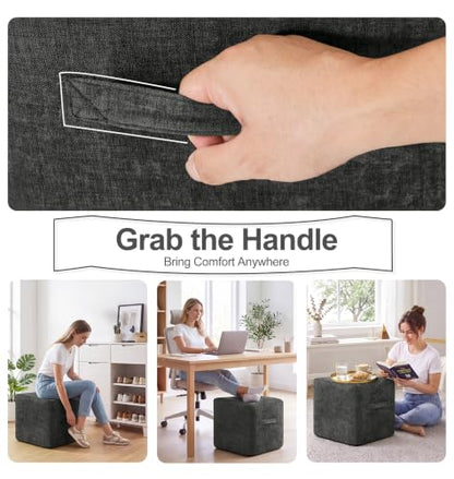 Grey Chenille Square Foot Rest Ottoman 16 Inch - Portable & Removable Cover