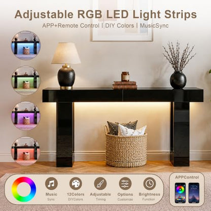 Black High Gloss 63-Inch Console Table with RGB LED Lights