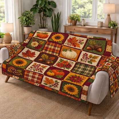 Personalized Autumn Paw Patchwork Sofa Cover with Pumpkin Gnome Design - A03