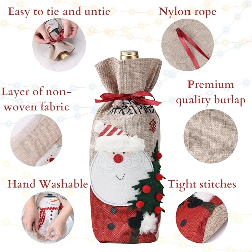 Christmas Burlap Wine Bottle Gift Bags Set of 4 - 13 x 5.5 Inches