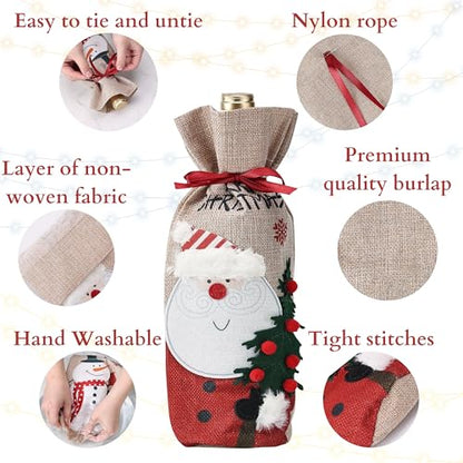 Christmas Burlap Wine Bottle Gift Bags Set of 4 - 13 x 5.5 Inches