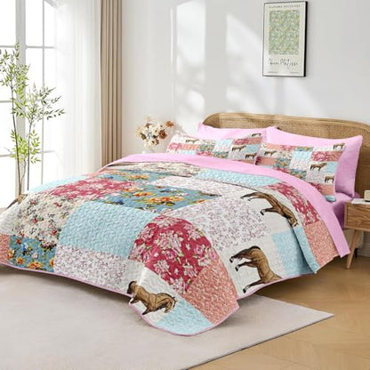 Queen Quilt Set with Horse Floral Pattern - 7 Pieces Pink Bedding