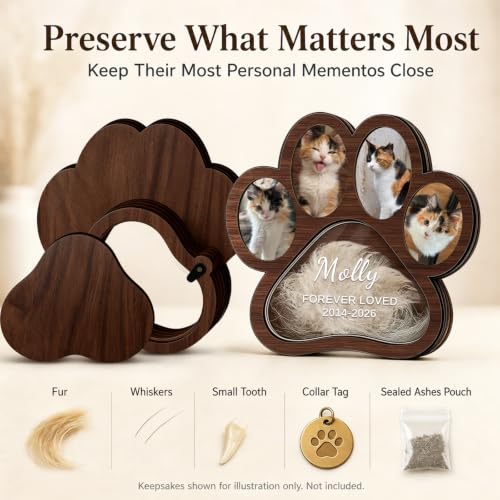 Walnut Personalized Wooden Pet Memorial Shadow Box for Pet Hair & Keepsakes