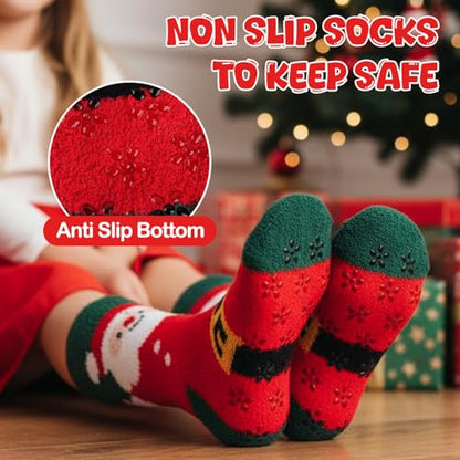 Girls Kids Fuzzy Socks with Grips Toddler Slipper Socks 6-8 Years - Red
