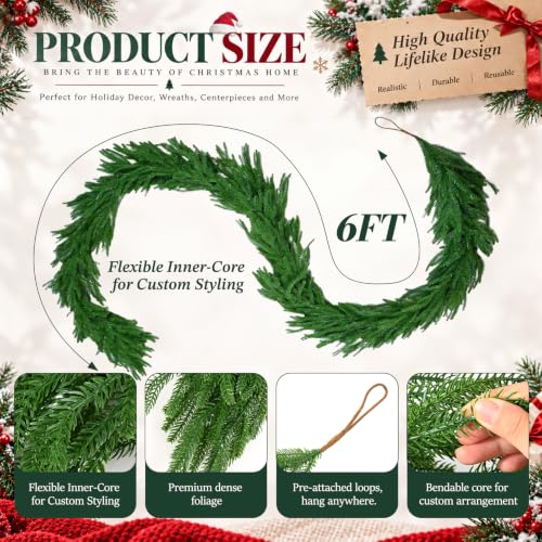 2-Pack 6FT Artificial Norfolk Pine Garland for Christmas Decor - Dense & Real Touch
