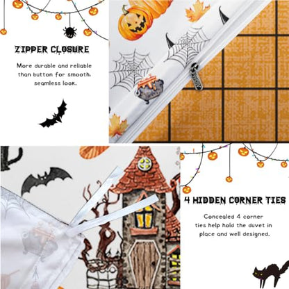 Halloween Duvet Cover Set Queen with Pumpkin Haunted House Pattern, Orange & White