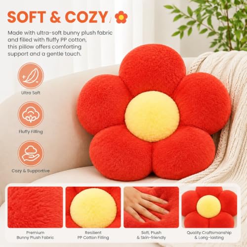 Plush Daisy Flower Throw Pillow - Red, 13.8x13.8 Inches - Floor Seat Cushion