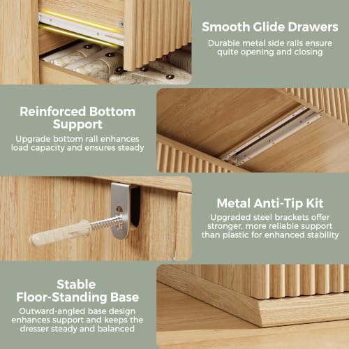 6-Drawer Fluted Dresser in Natural Oak - Tall Deep Drawers, Handleless Modern Wood Chest