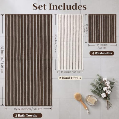 Brown and Ivory 8-Piece Cotton Towel Set - Striped Bath Towels & Washcloths