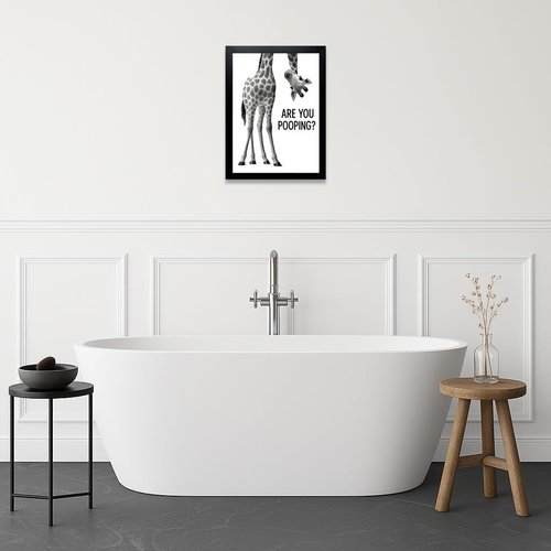 Funny Giraffe Bathroom Wall Art - 'Are You Pooping?' 8x10" Black & White Framed Print | Quirky Toilet Humor Décor