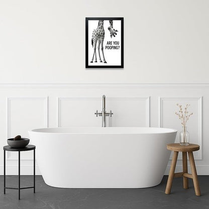 Funny Giraffe Bathroom Wall Art - 'Are You Pooping?' 8x10" Black & White Framed Print | Quirky Toilet Humor Décor