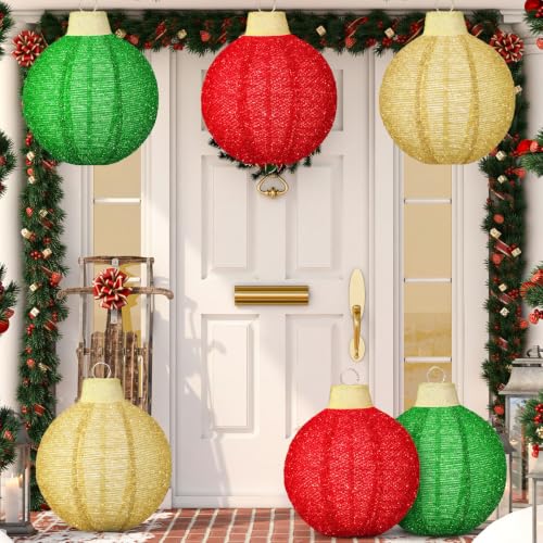 Outdoor Christmas Ornament Balls Set - Glitter Red, Green, Gold, 12 Inches, 3 Pack