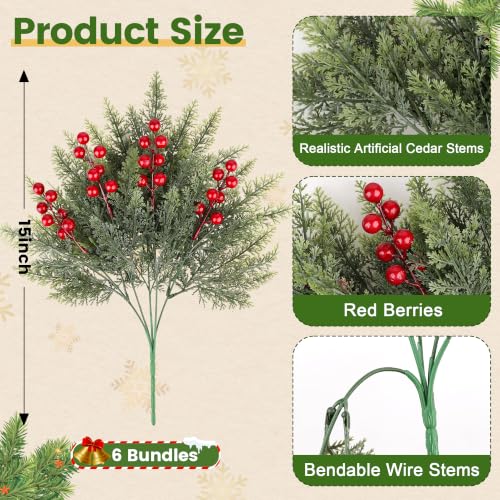 Artificial Christmas Norfolk Pine & Red Berry Stems - Green - 6 Bundles