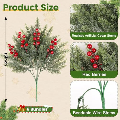 Artificial Christmas Norfolk Pine & Red Berry Stems - Green - 6 Bundles