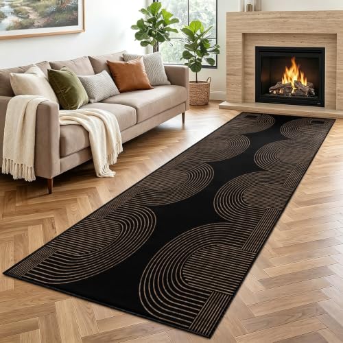 Gold and Black Geometric Runner Rug for Hallway 4x12ft - Non Slip & Machine Washable