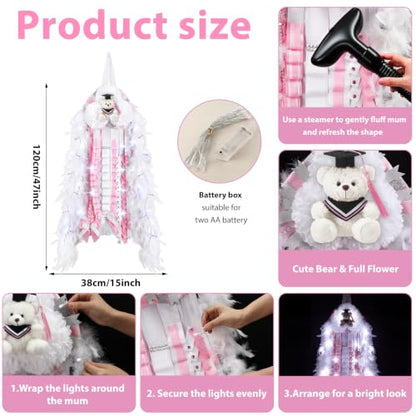 47 Inch LED Homecoming Mum with Graduation Bear - Pink & White Variation