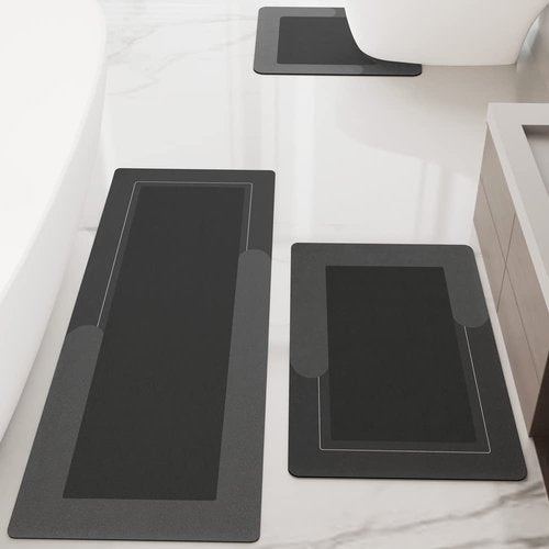 HelloTree 3PCS Bath Mat Rug Rubber Non Slip Quick Dry Rug Sets Super Absorbent Thin Bathroom Rugs Fit Under Door Dark Grey Washable Bathroom Floor Mats for in Front of Bathtub, Shower Room, Sink