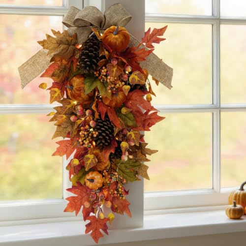 Pre-Lit Fall Teardrop Swag with Pumpkin & Maple Leaves - Autumn Decor