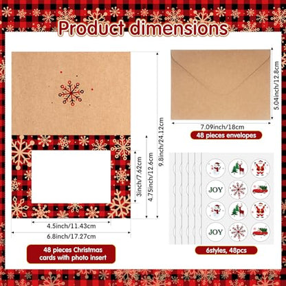 Christmas Photo Cards Set with Envelopes - Buffalo Plaid Brown, 48 Pieces