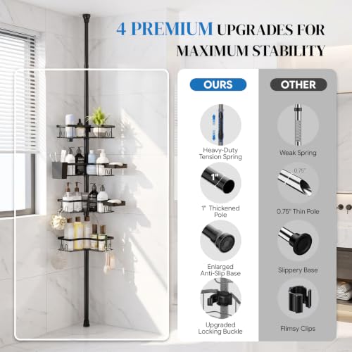 Corner Shower Caddy Tension Pole 4-Tier Rustproof Bathroom Organizer - Black
