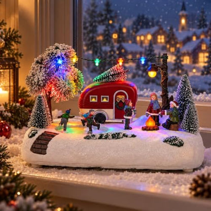 Animated Christmas Camper Village Scene with Skating & Lights - Multicolor