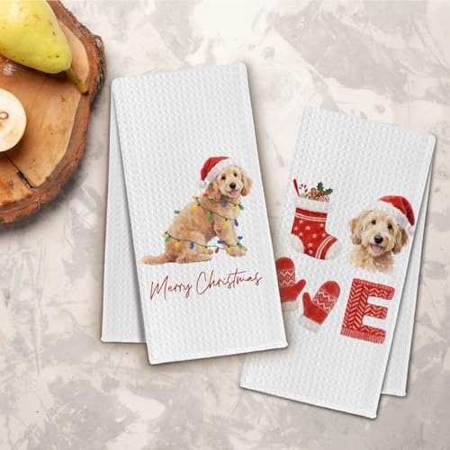 Goldendoodle Christmas Kitchen Towels - Holiday Dog Lover Hand Towels, 16x24 Inch Set of 2