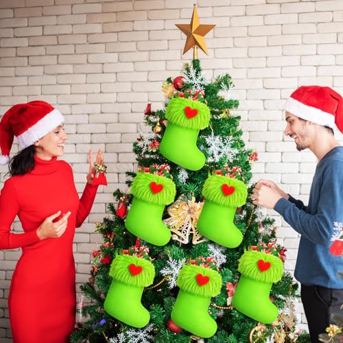 24 Pcs Mini Christmas Stockings - Green Faux Fur Holiday Decor, 6 Inch